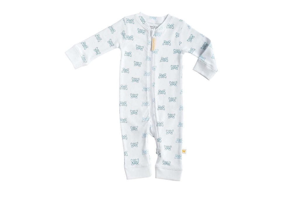 SleeperSuit-WhitewithBlue1,Newborn Baby clothes, nightwear for Babies,sleepsuit for Newborns, Buzzee babies, Baby dress