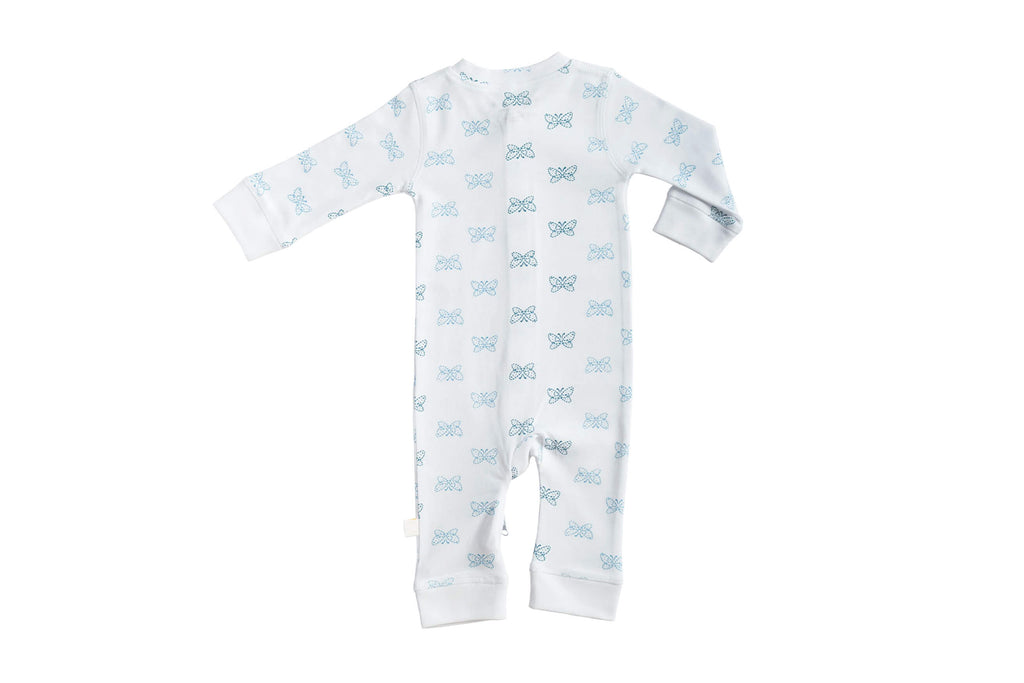 SleeperSuit-WhitewithBlue2,Newborn Baby clothes, nightwear for Babies,sleepsuit for Newborns, Buzzee babies, Baby dress