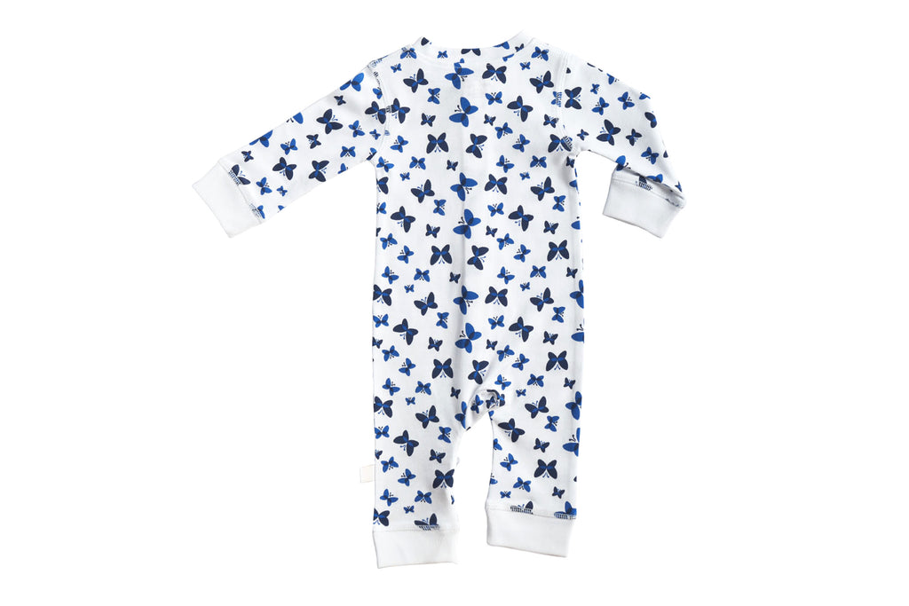 SleeperSuit-WhitewithBluePrint2,Newborn Baby clothes, nightwear for Babies,sleepsuit for Newborns, Buzzee babies, Baby dress