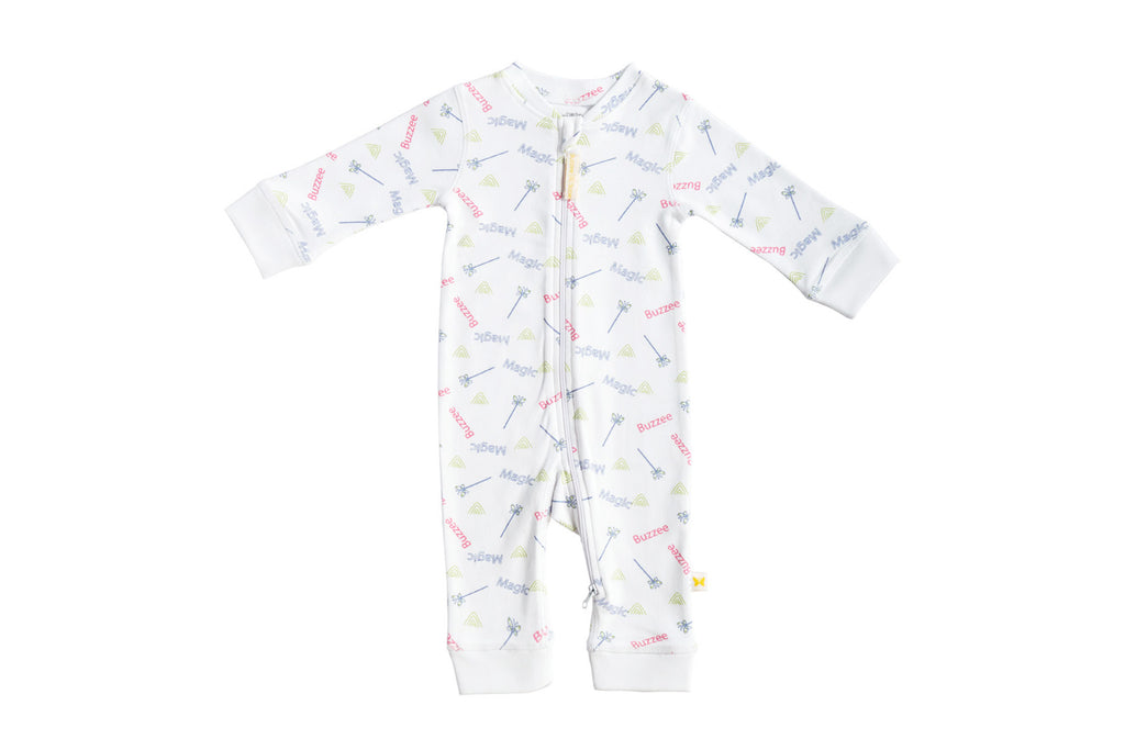 SleeperSuit-WhitewithMagic1,Newborn Baby clothes, nightwear for Babies,sleepsuit for Newborns, Buzzee babies, Baby dress
