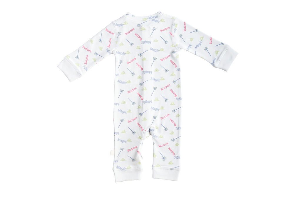 SleeperSuit-WhitewithMagic2,Newborn Baby clothes, nightwear for Babies,sleepsuit for Newborns, Buzzee babies, Baby dress
